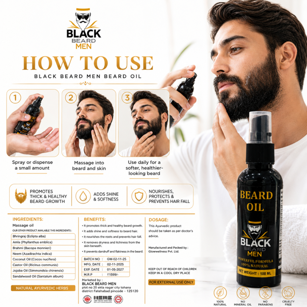 Black Beard Men Beard Oil | Ayurvedic Beard Care & Grooming Oil | 100ml
