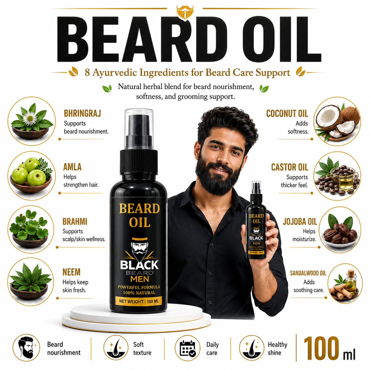 Black Beard Men Beard Oil | Ayurvedic Beard Care & Grooming Oil | 100ml poster 2